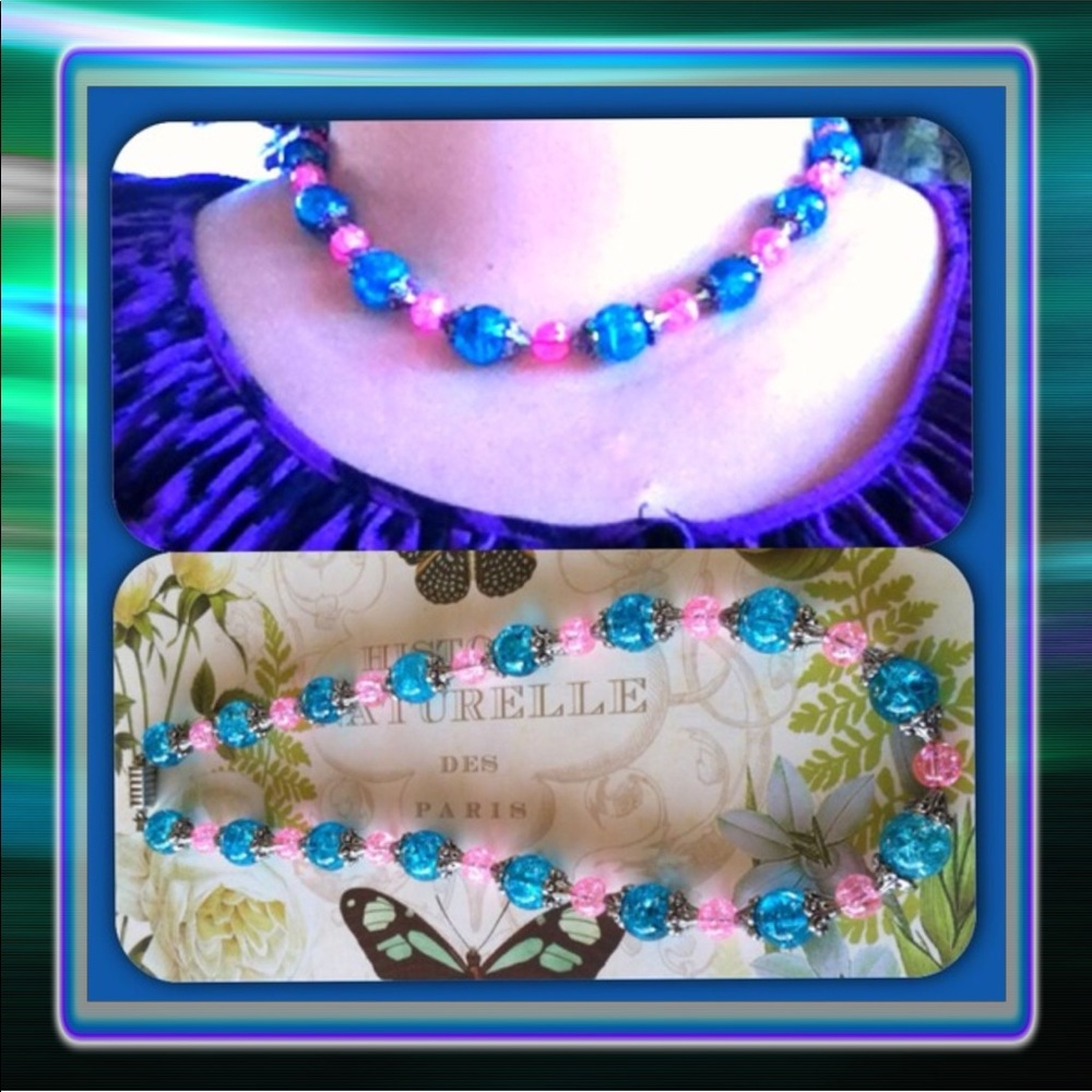 Pink & Blue Cracked Glass Necklace